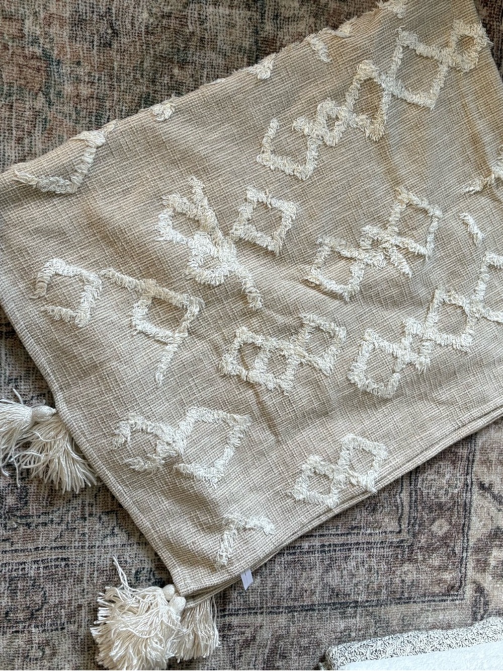 Urban Outfitters Cream Textured Tassel Throw Blanket